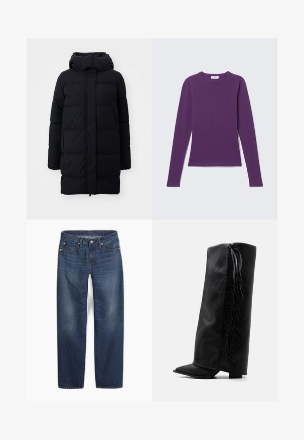 Sort pufferjakke med hætte, der har en glat overflade, quiltet design og frontlynlås. Falder til midt på låret.; Lilla langærmet T-shirt med rund hals, slim fit, ensfarvet design med synligt mærke i nakken på en lys grå baggrund.; Mørkeblå denimjeans med en lige ben-design. Har knaplukning, fem lommer og subtil falmning i stoffet.; Sort læder knæhøj støvle med spids tå og dekorativ frynse langs ydersiden mod en ensartet hvid baggrund.