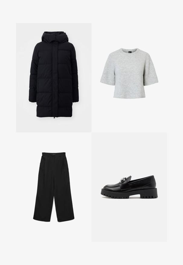 Sort pufferjakke med hætte, der har en glat overflade, quiltet design og frontlynlås. Falder til midt på låret.; Grå kortærmet trøje lavet af tekstureret strikket stof med rund halsudskæring og et cropped design. Ingen synlige mønstre eller detaljer.; Sorte bukser med brede ben, flad front, to plisser og sidelommer. Fremstillet af glat stof med en struktureret linning.; Sorte læder loafers med en kraftig, rillet sål og en metallic spænde detaljer på remmen. Glat tekstur, klassisk design.