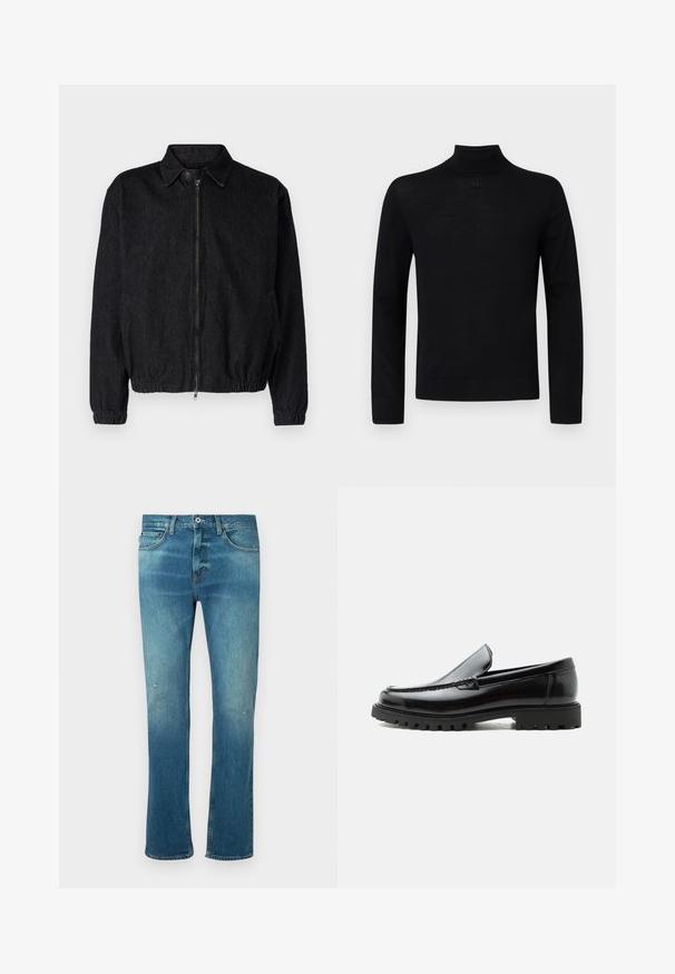 Veste en denim noir avec col, fermeture éclair à l'avant, ourlet et poignets élastiques, et poches latérales. Design épuré sans logos visibles.; Un pull-over noir à col roulé en tissu doux, avec des manches longues et une silhouette ajustée, présentant un petit détail rond au niveau du cou.; Jean en denim bleu avec une coupe droite, présentant une finition délavée, des distresses légères au niveau des genoux et un design classique à cinq poches.; Mocassin en cuir noir avec semelle en caoutchouc épaisse, dessus cousu et nom de marque embossé sur le talon, présenté de profil sur fond blanc.