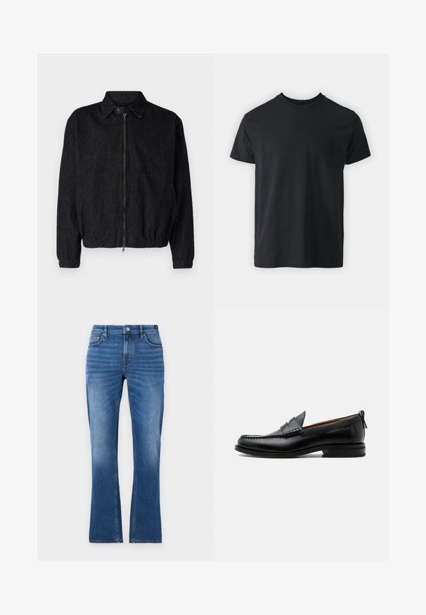 Veste en denim noir avec col, fermeture éclair à l'avant, ourlet et poignets élastiques, et poches latérales. Design épuré sans logos visibles.; T-shirt noir en coton à manches courtes avec un col rond et une coupe décontractée. Texture lisse et ourlet droit, sans graphismes ni motifs visibles.; Jeans en denim évasés de couleur bleu moyen. Comprend un design à cinq poches, des accents brodés, une fermeture à bouton et une texture légèrement décolorée sur les jambes.; Mocassin homme en cuir noir avec couture moc toe, bride penny, col texturé et petit talon empilé sur fond blanc.