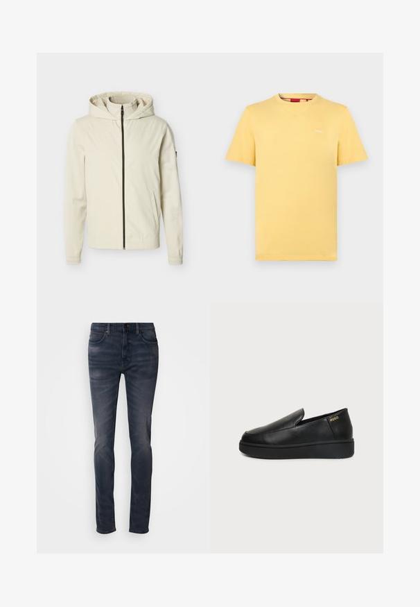 Veste à capuche de couleur crème avec fermeture éclair complète à l'avant et poches latérales, présentée sur un fond uni.; T-shirt jaune à manches courtes, col rond, avec un petit logo blanc "HUGO" sur la poitrine gauche, présenté sur un fond gris clair uni.; Jean en denim délavé foncé avec une coupe slim, doté d'une fermeture à boutons, de cinq poches, et d'un délavage subtil. Design à jambes droites avec une texture lisse.; Chaussure noire en cuir à enfiler avec semelle épaisse et petits trous de ventilation latéraux, avec un logo doré "HUGO" près du talon.