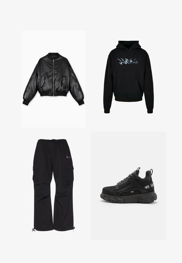 Chaqueta bomber de cuero negra con puños y dobladillo acanalados, cierre frontal de cremallera, dos bolsillos laterales y detalles en relieve en las mangas.; Sudadera negra con bolsillo canguro frontal, capucha con cordones y un diseño gráfico en plata. Fabricada en tela suave con puños acanalados.; Pantalones cargo negros de tejido ligero, con cintura elástica y cordón, bolsillos laterales y puños ajustables.; Zapatillas negras con suela gruesa, parte superior de malla y ante, diseño de cordones y acentos de logo. Detalles texturizados en los lados y la parte posterior.