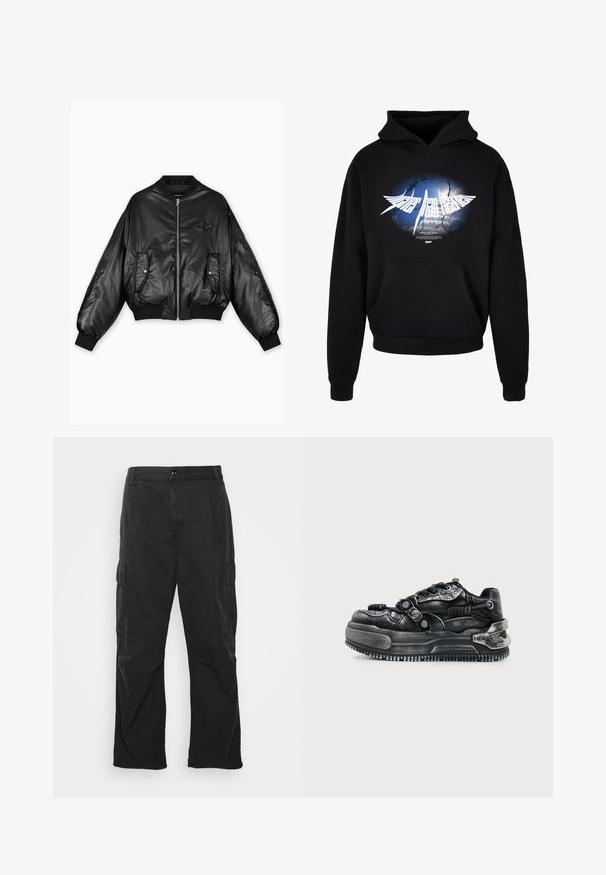 Chaqueta bomber de cuero negra con puños y dobladillo acanalados, cierre frontal de cremallera, dos bolsillos laterales y detalles en relieve en las mangas.; Sudadera negra hecha de una mezcla de algodón, con un gran estampado gráfico que tiene un fondo azul y texto blanco. Incluye un bolsillo frontal y puños de canalé.; Pantalones cargo negros con un diseño de pierna recta, que cuentan con dos bolsillos laterales, un cierre de botón y una tela texturada.; Zapatilla chunky negra con suela gruesa, diseño con cordones, correas texturizadas y detalles metálicos en el talón y los lados sobre un fondo claro.