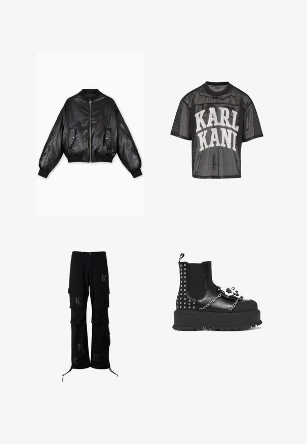 Chaqueta bomber de cuero negra con puños y dobladillo acanalados, cierre frontal de cremallera, dos bolsillos laterales y detalles en relieve en las mangas.; Camiseta negra de manga corta y malla con un gran texto blanco "KARL KANI" impreso en el pecho.; Pantalones cargo negros con múltiples bolsillos, que presentan un ajuste relajado. Acentuados con logotipos bordados de "K" y detalles ajustables con lazo en el dobladillo.; Botín negro de plataforma con tachuelas plateadas, detalles de cadena y una decoración de calavera blanca en el panel frontal.