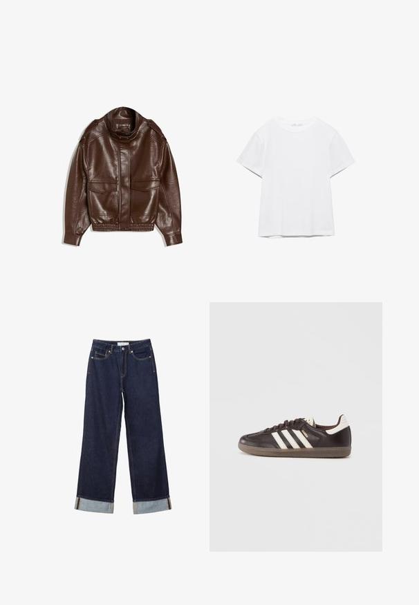 Veste en cuir marron avec un col montant, fermeture éclair, deux poches avant et ourlet élastiqué. Finition texturée avec un léger éclat.; T-shirt blanc uni à manches courtes et col rond, avec un ourlet droit, présenté sur un fond blanc.; Jean denim bleu foncé à jambes larges avec ourlets retroussés, bouton devant, braguette zippée et design à cinq poches.; Baskets en cuir marron foncé avec un design à trois bandes blanches, une semelle en caoutchouc et l'inscription "Samba" en lettres dorées sur le côté. Forme classique basse.