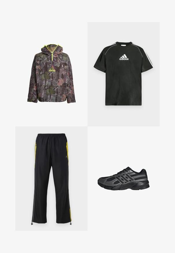 Tarnhoodie in Grüntönen, Braun und Grau mit einem Viertelreißverschluss, großer Kängurutasche und neon-gelben Akzenten.; Schwarzes T-Shirt mit kurzen Ärmeln, weißem Adidas-Logo auf der Brust und weißen Streifen auf den Schultern. Aus glattem Stoff, in lockerem Schnitt.; Schwarze Sporthosen mit gelben Seitenakzenten, elastischem Bund und mit Reißverschlüssen versehenen Seitentaschen. Hergestellt aus leichtem, glattem Stoff.; Schwarze Sportschuhe aus Netz- und synthetischem Material, mit einer strukturierten Oberfläche, mehreren grauen Streifen und einem gepolsterten Schaft.
