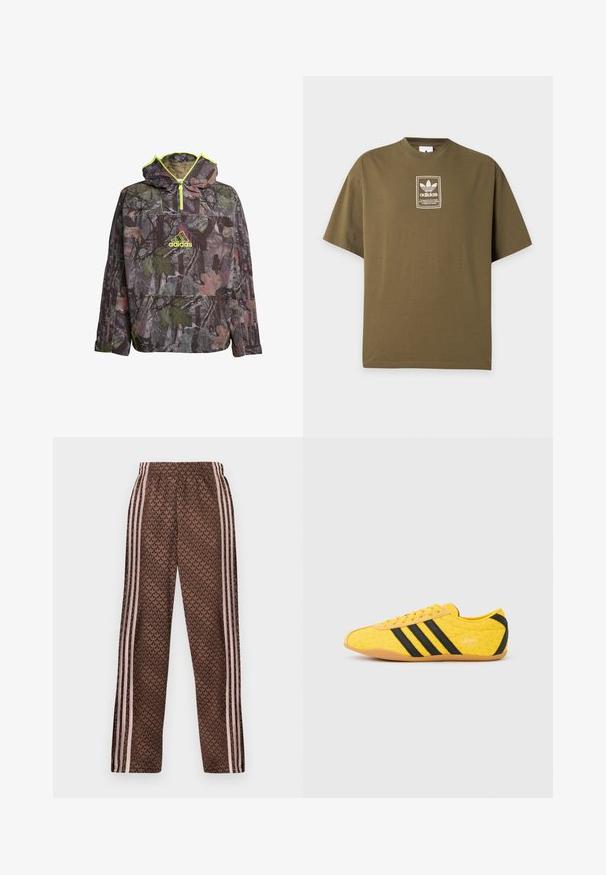 Kamikazehuppari eri vihreän, ruskean ja harmaan sävyissä, jossa on neljännesvetoketjukaulus, suuri tasku ja neonkeltaisia yksityiskohtia.; Oliivinvihreä Adidas T-paita, jossa pieni valkoinen logo ja tekstitarra keskellä rintaa vaaleaa yksiväristä taustaa vasten.; Ruskeat verkkarit joissa vaaleanpunaiset pystysuuntaiset raidat sivuilla ja kaikkialla toistuva lehtikuvio, joustava vyötärö, suora lahkeensilmä.; Keltainen urheilukenkä, jossa on kuvioitu päällinen, mustat raidat ja logo. Pyöristetty kärki, pehmeä pohja ja siksak-kuvio materiaalissa.
