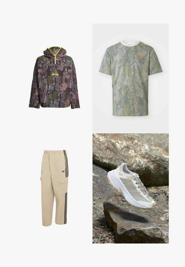 Tarnhoodie in Grüntönen, Braun und Grau mit einem Viertelreißverschluss, großer Kängurutasche und neon-gelben Akzenten.; Grünes T-Shirt mit Camouflage-Muster, kurzen Ärmeln, Rundhalsausschnitt und einem orangefarbenen Logo auf der linken Brust. Hergestellt aus leichtem Stoff.; Beige Cargohose mit elastischem Bund, seitlichen Taschen und schwarzen vertikalen Streifen. Mit einem Adidas-Logo auf der Vorderseite.; Hellgrauer Laufschuh mit einem Obermaterial aus Mesh und synthetischem Material, weißer Zwischensohle und strukturiertem Außensohl. Verfügt über dezente Akzente und Schnürsenkel.