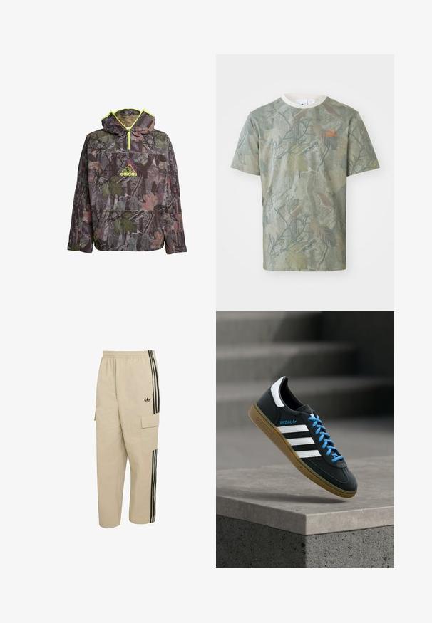 Camo-hoodie in tinten van groen, bruin en grijs met een kwart-rits hals, grote buidelzak en neongele accenten.; Groen t-shirt met camouflagepatroon, korte mouwen, ronde hals en een oranje logo op de linkerborst. Gemaakt van lichtgewicht stof.; Beige cargobroek met een elastische tailleband, zijzakken en zwarte verticale strepen. Voorzien van een Adidas-logo aan de voorkant.; Zwarte Adidas-sneaker met witte strepen, blauwe veters en een gumzool die boven een grijze betonnen trede zweeft in zacht licht.