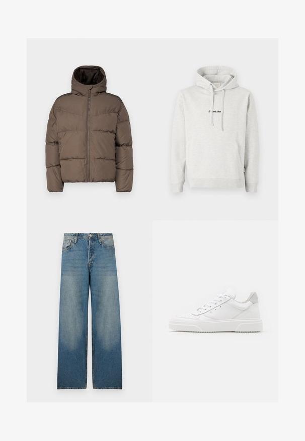 Pruun little puffer jakk, millel on kõrge krae, luku ees ja küljetaskud; sisaldab tikitud osi ja pehmet sisemist voodrit.; Heledast hall sweatshirt, millel on kängurupocket, kõikuma cape ja musta värvi tikandiga tekst ees. Puuvillase segu kangas, ribaga soonikuid.; Heledad sinised laiad püksid denimkangast, kõrge vöökohaga, viie-taskuga kujundusega ja pleekinud kohtadega, et saavutada vintage välimus.; Valged nahast spordijalatsid siledast nahast viimistlusega, ümarate varvastega, lamekestega ja tekstuuriga tallaga. Hall suede aktsent kanna juures.