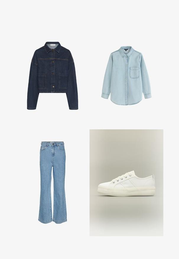 My Essential Wardrobe MWMALLE DECO - Denimová bunda - dark blue un wash; Svetlomodrá rifľová košeľa s dlhým rukávom a gombíkmi, predným náprsným vreckom a klasickým golierom, zobrazená na bielom pozadí.; Aware VMREBECCA WIDE - Džínsy voľného strihu - light blue denim; Biela nízka teniska s hrubou rebrovanou podrážkou, šnurovanie vpredu a sťahovacou pútkom na päte na neutrálnom pozadí.