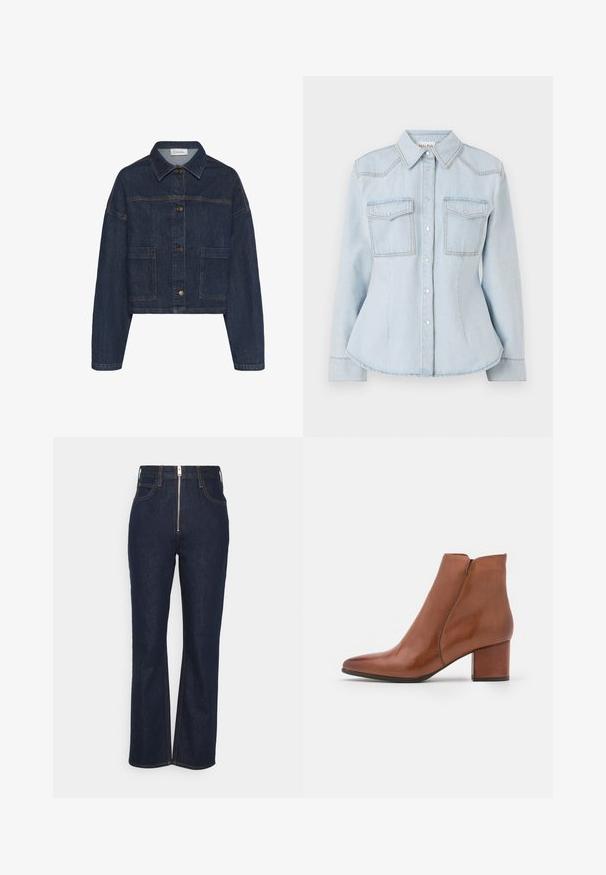 My Essential Wardrobe MWMALLE DECO - Chaqueta vaquera - dark blue un wash; Camisa de denim azul claro con un diseño ajustado, cuello puntiagudo, dos bolsillos en el pecho y costuras en contraste. Presenta cierre de botones y mangas largas.; FRAME HIGH EXPOSED ZIP - Vaqueros rectos - dark blue; Botín de piel marrón hasta el tobillo con puntera puntiaguda, tacón medio y un mínimo detalle de costuras. Textura suave con un acabado pulido.