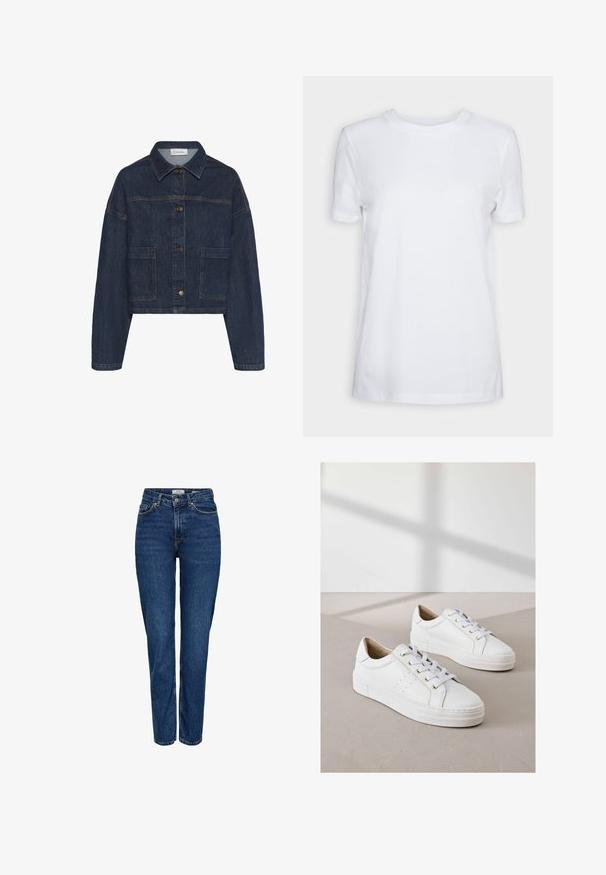 My Essential Wardrobe MWMALLE DECO - Cowboyjakker - dark blue un wash; Simpel hvid T-shirt med korte ærmer og rund hals, normal pasform og et lille indvendigt mærke på nakken med teksten "SELECTED FEMME."; Mørkeblå denimjeans med lige ben, høj talje, fem lommer, lyse syninger og en diskret struktureret finish.; Hvide sneakers lavet af struktureret læder, med runde tå, flade hvide såler og gyldne snørehuller. Minimalistisk design med perforerede detaljer.