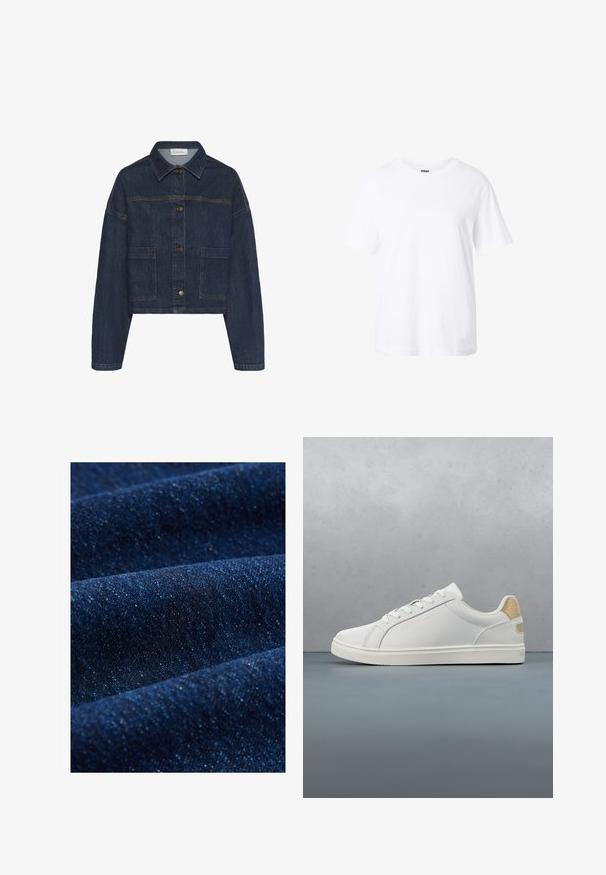 My Essential Wardrobe MWMALLE DECO - Chaqueta vaquera - dark blue un wash; Camiseta blanca lisa de manga corta con cuello redondo, ajuste holgado y una pequeña etiqueta en el interior del cuello.; Tela de mezclilla azul oscuro con una textura suave, un ligero brillo y un poco de elasticidad. Patrón de sarga visible y hilos finos y en contraste.; Zapatilla blanca de material sintético liso, con un detalle texturizado en dorado en el talón y un sutil logo en el lateral.
