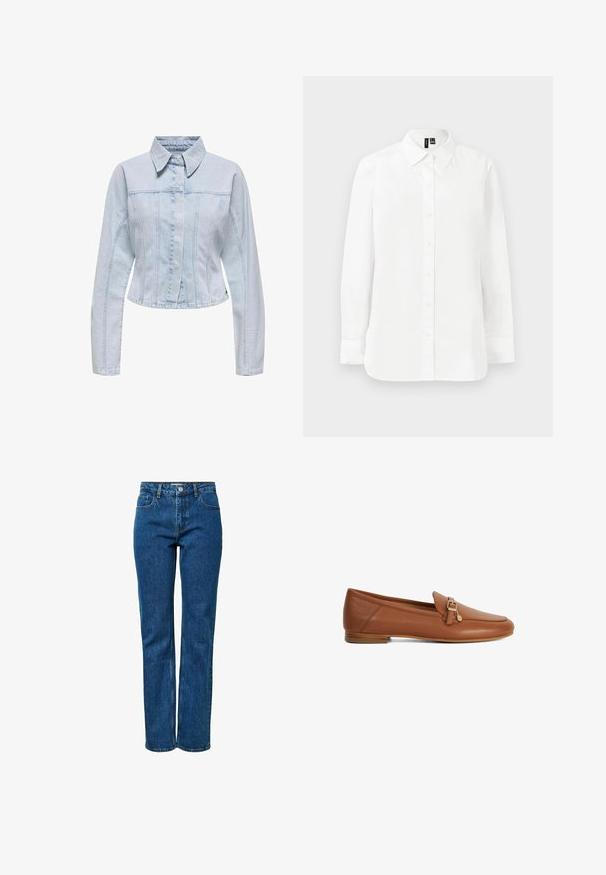 Veste en denim bleu clair avec un col, des manches longues, un design court et des détails de couture verticaux. Fermeture à boutons à l'avant.; Chemise blanche à manches longues avec boutons, col pointu, poignets standards et ourlet droit sur fond clair uni.; Jean bleu à jambe droite avec cinq poches, une fermeture à bouton et à glissière, et des passants pour ceinture. Le jean est présenté debout sur un fond blanc uni.; Mocassins en cuir marron avec un bout arrondi, une lanière décorative avec boucle, et une semelle plate, présentant une texture lisse et une légère brillance.