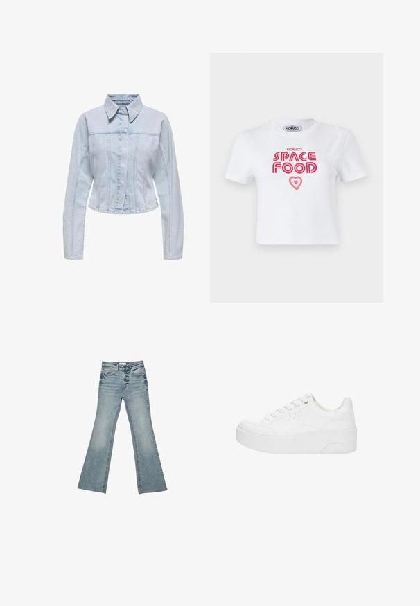Hellblaue Jeansjacke mit kragenähnlichem Ausschnitt, langen Ärmeln, verkürztem Design und vertikalen Nahtdetails. Knopfverschluss vorne.; Weißes Baumwoll-T-Shirt mit rotem grafischem Text, der "SPACE FOOD" mit einem Herzakzent liest, kurze Ärmel und Rundhalsausschnitt.; Hellblaue, ausgestellt geschnittene Jeans aus Denim mit einem ausgewaschenen Finish, hoher Taille und fransigem Saum. Verfügt über ein klassisches Fünf-Taschen-Design und metallische Akzente.; Weißer Plateau-Sneaker mit Schnürung vorne, perforierten Seitendetails und dicker Sohle, von der Außenseite vor weißem Hintergrund gezeigt.