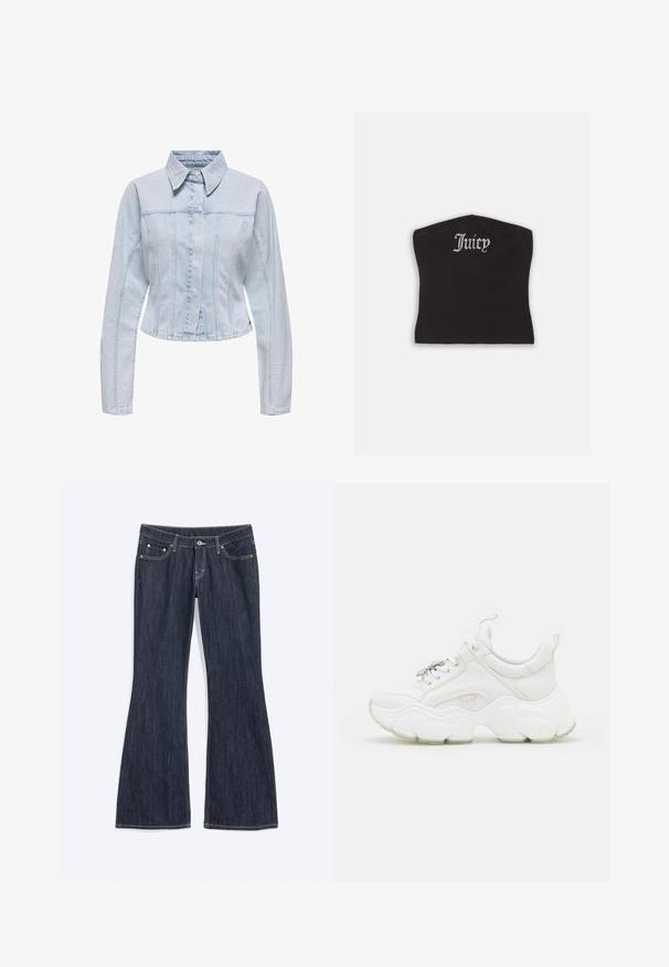 Lichtblauwe denimjacket met een kraaghalslijn, lange mouwen, een cropped ontwerp en verticale naaddetails. Knopen sluiting aan de voorkant.; Zwarte fitted crop top met een gladde textuur en een ronde halslijn, versierd met strasstenen letters die "Juicy" op de voorkant spellen.; Donkerblauwe denim jeans met een lichte uitlopende pijp onderaan, met voorzakken, een knoop en zichtbare stiksel details.; Witte chunky sneakers van leer en mesh-materialen, met een dikke zool, ronde neus en decoratieve veters. Licht gemêleerde accenten.