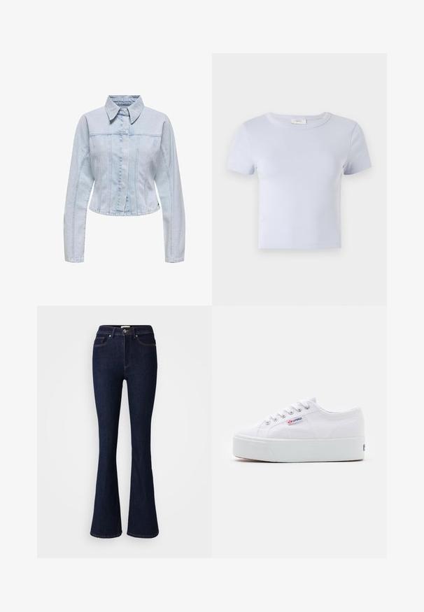 Lichtblauwe denimjacket met een kraaghalslijn, lange mouwen, een cropped ontwerp en verticale naaddetails. Knopen sluiting aan de voorkant.; Lichtblauw T-shirt met korte mouwen en ronde hals, gemaakt van zachte stof; heeft een slim fit ontwerp en subtiele stikdetails.; Uitlopende donkerblauwe spijkerbroek met een hoge taille, knoopsluiting en voor- en achterzakken. Gladde textuur met contrasterende stikdetails.; Witte canvas sneaker met een dikke witte platformzool, ronde neus en metalen oogjes voor veters. Merkl logo aan de zijkant weergegeven.
