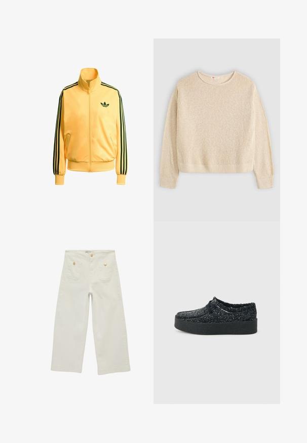 Gul zip-up jakke lavet af glat stof. Har sorte tre-stribe detaljer på ærmerne og et lille grønt logo på brystet.; Beige strikket langærmet sweater med rund halsudskæring og ribkanter ved ærmer og kant, lagt fladt på en lys baggrund.; Hvidt, højttaljet, vidt benbukser med forlommer, der lukkes med gyldne knapper, og en guldknaplukning i taljen.; Sort, fluffet slip-on sko med tyk platesål og elastikbånd over overdelen, vist i profil på en ensfarvet lys baggrund.