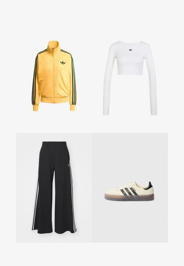 Gul zip-up jakke lavet af glat stof. Har sorte tre-stribe detaljer på ærmerne og et lille grønt logo på brystet.; Hvid langærmet cropped top med rund halsudskæring og lille sort Adidas-logo centreret under halsudskæringen.; Sorte bukser med vide ben og elastik i taljen, med tre hvide striber langs ydersiderne og et lille logo foran.; Beige sneakers med tre sorte striber, rund tå, tekstureret gummisål og glat overdel. Har polstret hæl og minimal branding.