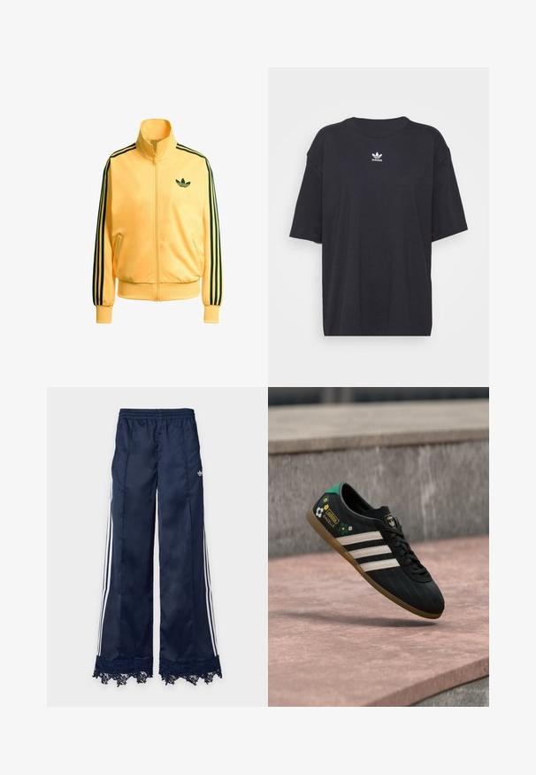 Geel ritsjack gemaakt van gladde stof. Bevat zwarte accenten met drie strepen op de mouwen en een klein groen logo op de borst.; Zwarte katoenen T-shirt met korte mouwen, ronde halslijn, voorzien van een wit Adidas-logo op de borst. Eenvoudig ontwerp, comfortabele pasvorm.; Marineblauwe trainingsbroek met wijde pijpen, witte zijstrepen, elastische tailleband, adidas-logo op de heup en kantafwerking aan de zoom.; Zwarte sportschoen met witte strepen, een bovenwerk met patroon en bloemenaccenten, en een groene hiel. Rubberen zool zorgt voor grip.