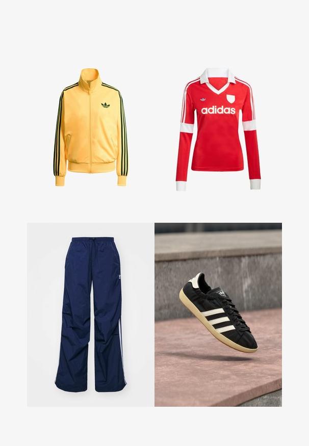 Gul zip-up jakke lavet af glat stof. Har sorte tre-stribe detaljer på ærmerne og et lille grønt logo på brystet.; Rød langærmet fodboldtrøje med hvid krave og manchetter. Har tre hvide striber på skuldrene og "adidas" logoet fremtrædende vist.; Marineblå, letvægtsbukser med elastik i taljen og snøre, med hvide sidelister og et lille logo foran. Løs pasform.; Sort Adidas sneaker med hvide striber og beige sål, fanget i luften over en stenet overflade og baggrund af en stenmur.