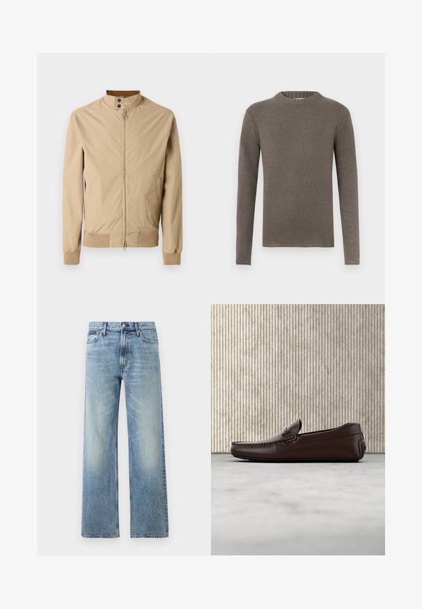 Veste légère beige à fermeture éclair avec col montant, boutons-pression, deux poches latérales et poignets et ourlet côtelés.; Pull marron à manches longues avec un col rond côtelé, confectionné dans un matériau doux et texturé. Présente un design simple et droit sans motifs.; Jean droit en denim bleu clair avec taille haute, cinq poches, fermeture à boutons et léger délavage sur les cuisses et les genoux.; Mocassins en cuir marron avec une finition lisse, des coutures de style mocassin, un bout rehaussé et une semelle en caoutchouc basse et flexible.