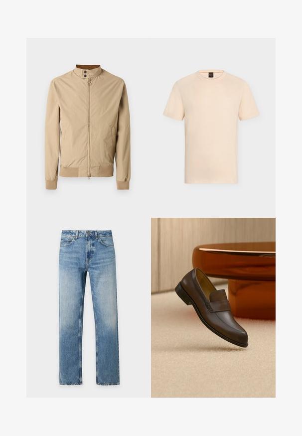 Veste légère beige à fermeture éclair avec col montant, boutons-pression, deux poches latérales et poignets et ourlet côtelés.; T-shirt beige manches courtes à col rond avec un logo « BOSS » discret sur la poitrine et une étiquette noire à l’intérieur de l’encolure.; Jean denim bleu clair à coupe droite avec cinq poches et fermeture bouton sur un fond uni.; Mocassin en cuir marron foncé présenté en suspension au-dessus d’un tapis beige avec une table ronde en bois poli en arrière-plan.