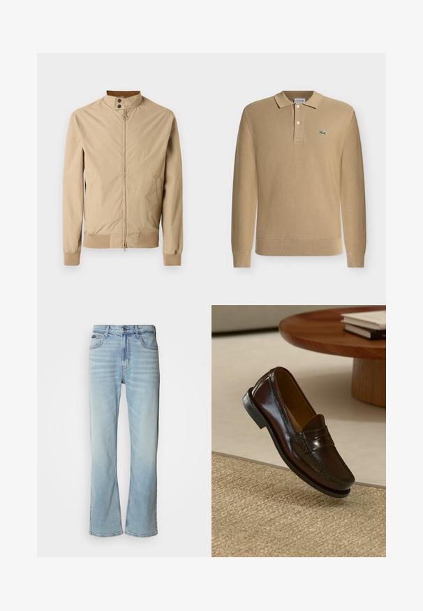 Veste légère beige à fermeture éclair avec col montant, boutons-pression, deux poches latérales et poignets et ourlet côtelés.; Polo beige à manches longues avec col, deux boutons blancs, poignets et ourlet côtelés, et un petit logo crocodile vert sur la poitrine.; Jeans en denim bleu clair avec une coupe droite, dotés de cinq poches, d'une fermeture à bouton et d'une légère décoloration sur le tissu.; Mocassins en cuir marron au fini brillant, avec un détail cousu sur le devant et une semelle en caoutchouc noir à profil bas.
