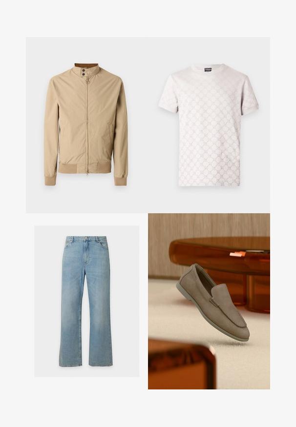 Veste légère beige à fermeture éclair avec col montant, boutons-pression, deux poches latérales et poignets et ourlet côtelés.; T-shirt gris clair avec un motif texturé subtil, col rond et manches courtes. Confectionné en coton doux.; Jean en denim bleu clair à jambe droite avec poches avant, passants de ceinture et fermeture par bouton, présenté sur un fond uni.; Mocassin beige en daim à enfiler avec coutures visibles et semelle claire, positionné au-dessus d'un tapis crème, avec un meuble translucide orange en arrière-plan.
