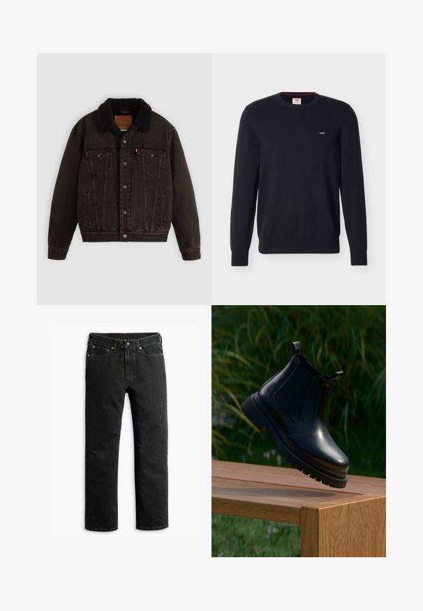 Black denim jacket with a sherpa-lined collar, front pockets, and metal buttons. Features a classic design and textured material.; Black long-sleeve crewneck sweater with small white Levi's logo on the left chest and ribbed cuffs and hem.; Black straight-leg denim jeans with five pockets, belt loops, and a button closure at the waist, laid flat on a white background.; Black leather chelsea boot with a rounded toe, thick rubber sole, and side elastic panels, displayed on a wooden surface with greenery in the background.