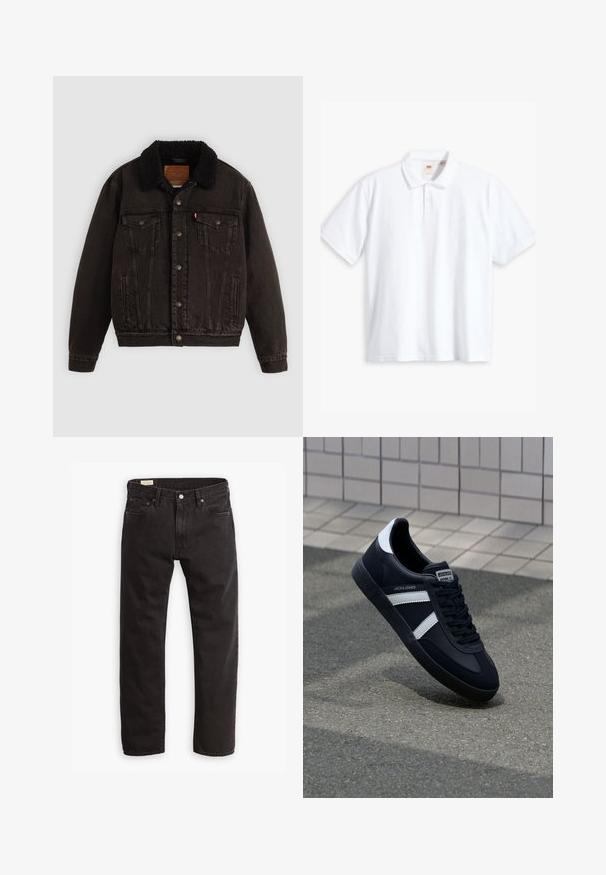 Black denim jacket with a sherpa-lined collar, front pockets, and metal buttons. Features a classic design and textured material.; White polo shirt, cotton material, short sleeves, two-button placket, embroidered brand logo on the chest, classic collar, solid color.; Black denim jeans with a straight-leg cut, featuring a classic five-pocket design, subtle stitching, and a metal button closure.; Black leather sneaker with white stripes, textured rubber sole, and lace-up front. Features a branded label on the tongue.