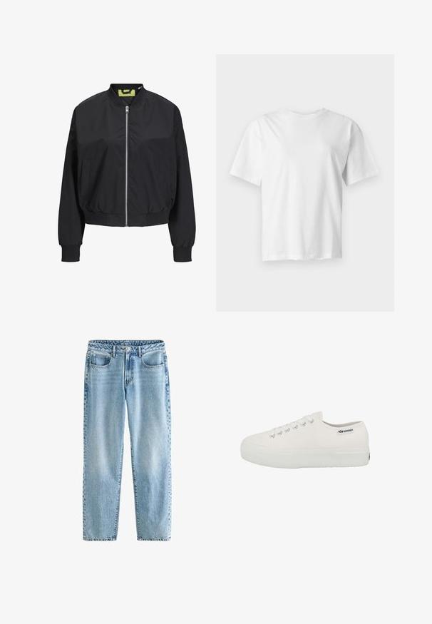Chaqueta bomber negra con cremallera frontal, puños y cintura acanalados. Presenta bolsillos laterales y una etiqueta interior en contraste. Textura de tela suave.; Camiseta blanca lisa de manga corta con cuello redondo, mostrada plana sobre un fondo gris claro.; Jeans de mezclilla de color azul claro con un corte relajado. Presenta cuatro bolsillos, un cierre de botón clásico y un desvanecimiento mínimo para una textura uniforme.; Zapatillas de lona blancas con suela de goma texturizada, diseño con cordones y ojales plateados. Presenta un pequeño logo en el lateral.
