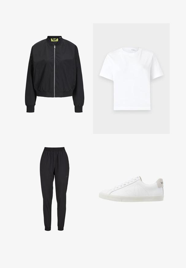 Veste bomber noire avec fermeture éclair sur le devant, poignets et taille côtelés. Dotée de poches latérales et d'une étiquette intérieure contrastante. Texture de tissu lisse.; T-shirt blanc uni en coton à manches courtes, col rond et ourlet droit, présenté sur fond blanc.; Pantalons noirs à taille élastique avec des poignets froncés, au design droit, fabriqués à partir d'un matériau léger, avec un logo subtil sur le côté.; Baskets en cuir blanc avec une semelle en caoutchouc texturée et blanc cassé. Les caractéristiques incluent des lacets, des coutures discrètes et un accent en daim gris au niveau du talon.