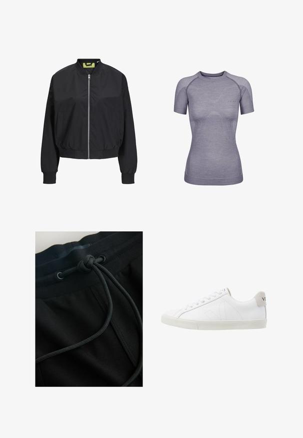 Zwarte bomberjack met een ritssluiting aan de voorkant, ribbel cuffs en een ribbel tailleband. Beschikt over zijzakken en een contrasterend binnenlabel. Soepele stofstructuur.; Getailleerd grijs sportshirt met korte mouwen, ronde hals en subtiele gestreepte details op schouders en mouwen, ontworpen voor dames.; Zwarte joggerbroek met een tailleband met trekkoord en een gestructureerde stof, met de nadruk op vloeiende lijnen en een minimalistisch ontwerp.; Witte leren sneakers met een getextureerde lichtgrijze rubberen zool. Kenmerken zijn onder meer veters, subtiele stiksels en een grijze suède hielaccent.