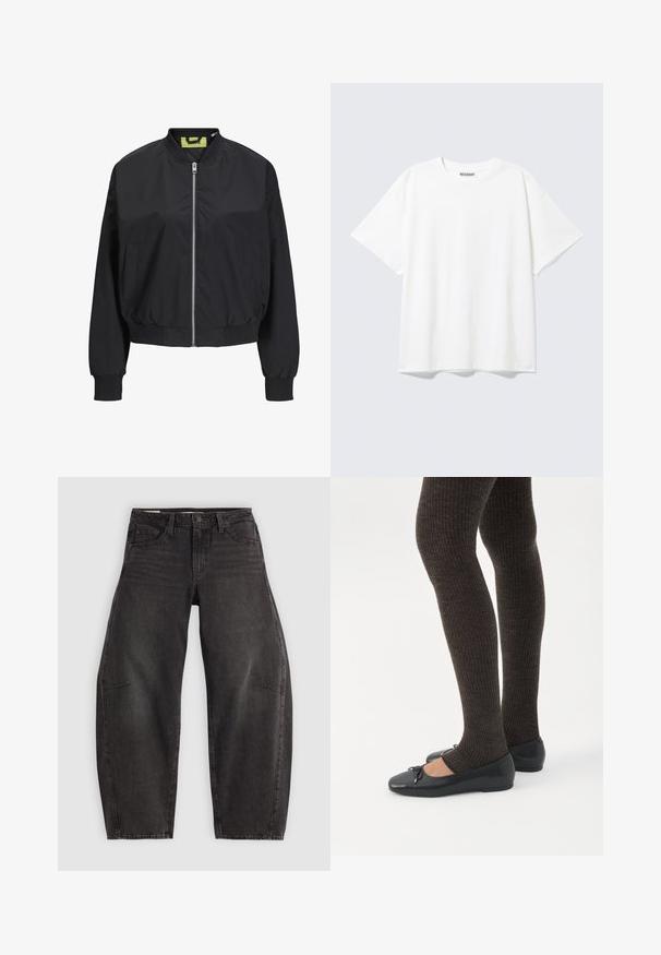 Chaqueta bomber negra con cremallera frontal, puños y cintura acanalados. Presenta bolsillos laterales y una etiqueta interior en contraste. Textura de tela suave.; Camiseta blanca de manga corta con cuello redondo y un ajuste holgado, con una etiqueta "WEEKDAY" en la parte interior trasera del cuello.; Jeans de mezclilla negra con un corte relajado, que cuentan con cinco bolsillos, cierre de botón y un ligero desgastado. La tela tiene una textura suave y resistente.; Piernas con leggings oscuros acanalados combinados con bailarinas negras que presentan pequeños detalles de lazo sobre un fondo blanco.