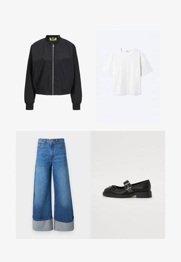 Chaqueta bomber negra con cremallera frontal, puños y cintura acanalados. Presenta bolsillos laterales y una etiqueta interior en contraste. Textura de tela suave.; Camiseta blanca de manga corta con cuello redondo y dobladillo recto, con etiqueta de la marca "WEEKDAY" dentro del escote.; Jeans de mezclilla de pierna ancha en azul medio. Presentan una cintura alta, dobladillos acampanados en mezclilla más clara y un diseño clásico de cinco bolsillos con acentos metálicos.; Zapato Mary Jane de cuero negro con punta redonda, correa al tobillo y detalles de hebilla plateada. Presenta una suela plana y robusta con un acento de lazo.