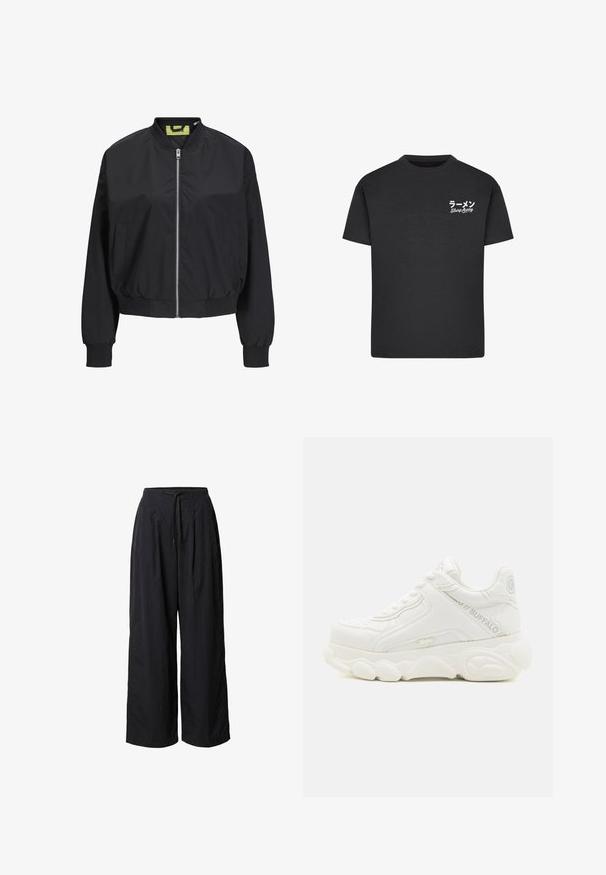 Veste bomber noire avec fermeture éclair sur le devant, poignets et taille côtelés. Dotée de poches latérales et d'une étiquette intérieure contrastante. Texture de tissu lisse.; T-shirt noir en coton avec un col rond. Présente du texte blanc, y compris des caractères japonais et les mots "Slurp Away" sur la zone gauche de la poitrine.; Pantalon noir à jambes larges avec taille élastique et cordon, doté de plis à l'avant pour une coupe décontractée.; Basket blanche épaisse avec semelle épaisse, design à lacets, et marquage "Buffalo" sur le côté et le talon.