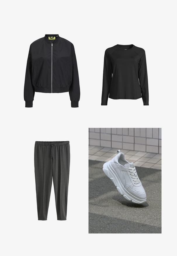 Chaqueta bomber negra con cremallera frontal, puños y cintura acanalados. Presenta bolsillos laterales y una etiqueta interior en contraste. Textura de tela suave.; Camisa deportiva negra de manga larga hecha de un tejido suave y ligero. Presenta mangas raglán y un cuello redondo. Sin logotipos ni estampados visibles.; Pantalones jogger de color gris oscuro, ligeros, hechos de tela suave. Cuentan con una cinturilla elástica con cordón y piernas estrechadas. Textura lisa.; Zapatilla de cuero blanca con una suela de goma gruesa y texturizada, que presenta un cierre de cordones y detalles de costura. Diseño de punta redondeada y soporte para el tobillo.
