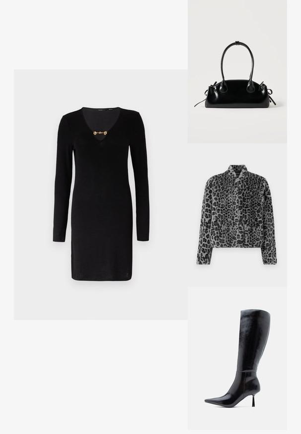 Veste en fausse fourrure à motif léopard gris, au design court, avec un col montant et une fermeture éclair devant. La texture est douce et moelleuse avec une finition lisse.; Robe noire à manches longues avec un décolleté en V profond, dotée d'un fermoir décoratif en or au niveau du col. Tissu lisse, design ajusté.; Bottes noires à talons aiguilles montantes, avec une finition en cuir brillant, un bout pointu et un talon effilé, présentant une surface lisse et un design élégant.; Petit sac à main noir brillant avec deux longues anses et des détails à cordon sur les côtés sur un fond clair uni.