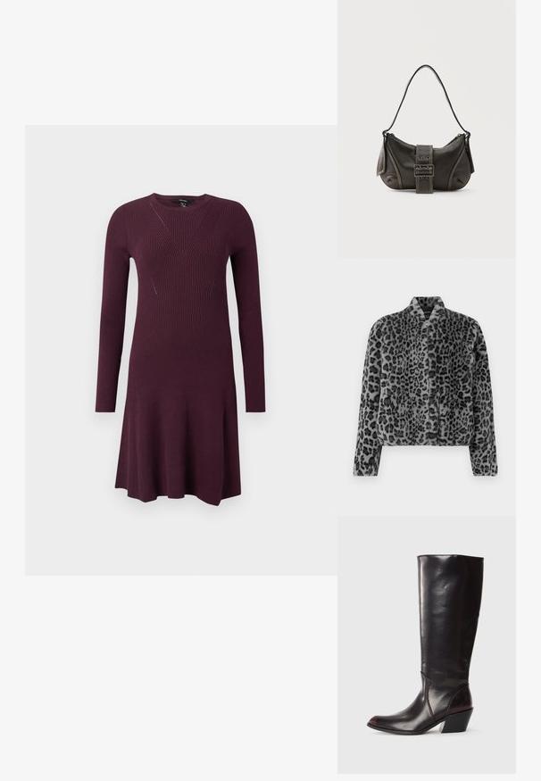 Veste en fausse fourrure à motif léopard gris, au design court, avec un col montant et une fermeture éclair devant. La texture est douce et moelleuse avec une finition lisse.; Robe en tricot de couleur violet profond, avec des manches longues, un corsage ajusté avec des motifs de côtes diagonales et une jupe évasée.; Botte en cuir brun foncé, à hauteur de genou, avec un bout pointu, un talon bloc angulaire et une texture lisse et brillante. Présente un design épuré et des détails de couture.; Sac à épaule en cuir noir avec une sangle à boucle, des bords arrondis et des coutures blanches contrastées sur un fond uni.
