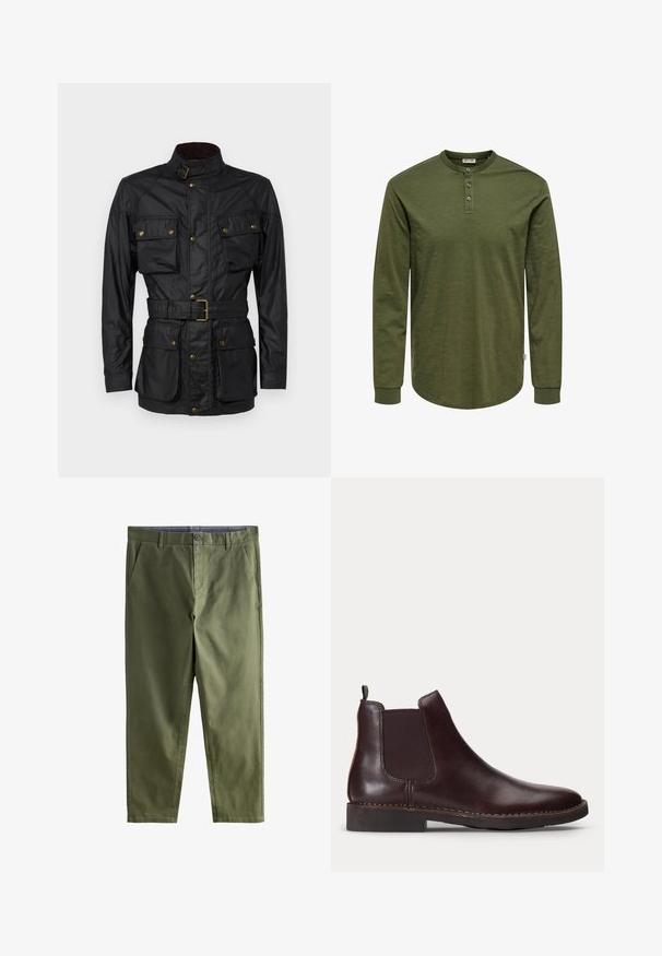 Sort vokset bomuldsjakke med høj krave, fire frontlommer, bælte i taljen og gyldne hardwaredetaljer. Glat tekstur og struktureret design.; Olivengrøn langærmet skjorte med henley-halsudskæring, tre knapper og buet kant. Fremstillet af blødt, tekstureret stof med tætsiddende manchetter.; Olivengrønne bukser med lige ben, forlommer, bæltestropper, knaplukning og lynlås, vist på hvid baggrund.; Mørkebrun læder Chelsea-støvle med elastisk sidepanel og lav hæl, vist i profil på en hvid baggrund.