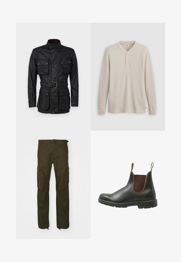 Sort vokset bomuldsjakke med høj krave, fire frontlommer, bælte i taljen og gyldne hardwaredetaljer. Glat tekstur og struktureret design.; Langærmet henley-skjorte i lys beige ribbet stof, med V-hals, tre-knap placket og manchetter ved ærmerne. Rød logo-tags ved kanten.; Olivenfarvede cargo bukser lavet af slidstærkt stof, med knaplukning, flere sidelommer og elastiske manchetter ved anklerne.; Chelsea støvle lavet af glat sort læder med brune elastiske sidepaneler, kontrastsyet, og en struktureret gummisål.