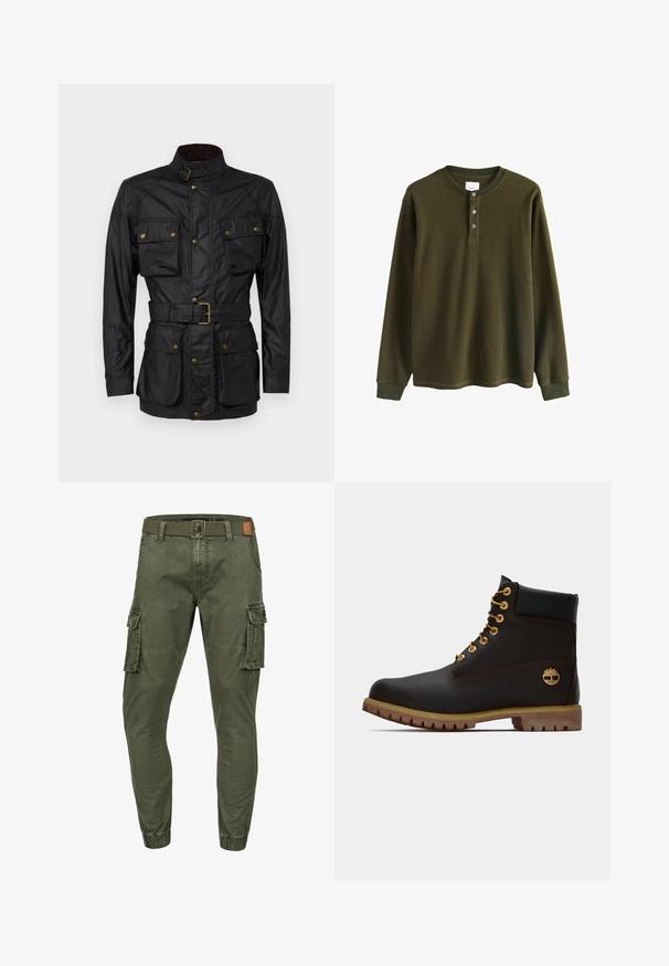 Sort vokset bomuldsjakke med høj krave, fire frontlommer, bælte i taljen og gyldne hardwaredetaljer. Glat tekstur og struktureret design.; Langærmet olivengrøn waffle knit henley skjorte med ribbede manchetter og tre knapper ved kraven.; Olivengrønne cargobukser med elastiske manchetter, sidelommer med klap, frontlommer, bæltestropper og et sort bælte med knaplukning.; Sorte læder ankelstøvle med gyldne øjer, brune detaljer og gummisål. Har en polstret krave og præget logo på siden.
