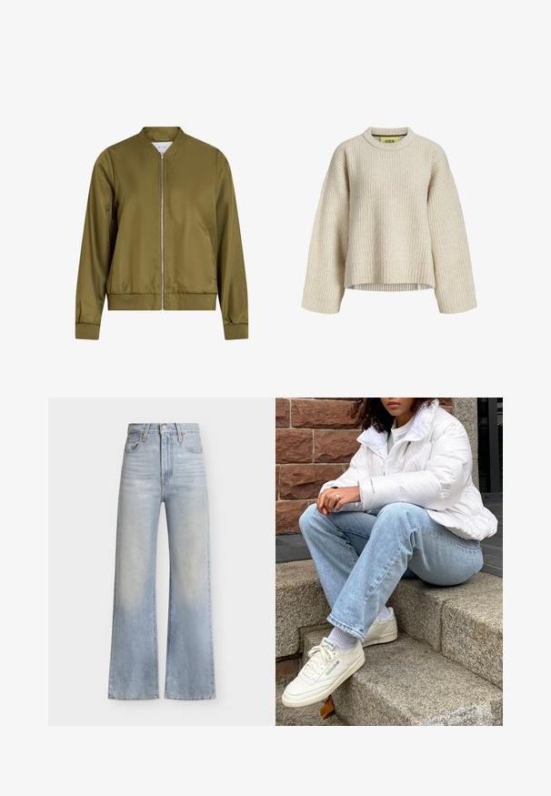 Olivengrøn bomberjakke lavet af glat, skinnende materiale. Har en rund hals, lynlås foran og tætsiddende manchetter med ribkant.; Beige ribstrikket sweater med lange, vide ærmer og rund halsudskæring, med en let cropped pasform.; Lyseblå jeans med høj talje og vide ben, lukkes foran med knapper og lynlås, forlommer og subtile falmede detaljer.; Hvid pufferjakke med højt krave, lyseblå denimjeans og hvide Reebok sneakers. Strukturerede stenskridt i baggrunden.