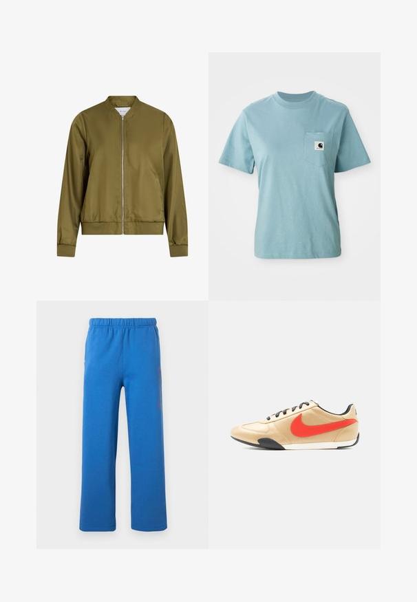 Olivengrøn bomberjakke lavet af glat, skinnende materiale. Har en rund hals, lynlås foran og tætsiddende manchetter med ribkant.; Lyseblå kortærmet bomulds T-shirt med brystlomme og et lille sort-hvidt Carhartt logo patch.; Blå joggingbukser med elastisk talje og lige ben, med diskret lodret logo på højre lår.; Beige lædersneaker med sorte snørebånd, rød Nike-logo på siden og sort-hvid sål, vist fra ydersiden.