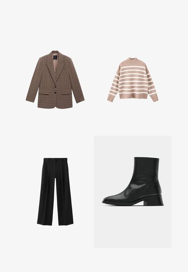Bruine geruite blazer van gestructureerde stof, met een notch-lapel, twee voorzakken en twee zwarte knopen als sluiting.; Beige gestreepte trui met witte horizontale strepen, voorzien van een geribbelde hoge hals en brede mouwen, gemaakt van zachte gebreide stof.; Zwarte broek met wijde pijpen, met riemlussen en voorzakken, plat weergegeven tegen een witte achtergrond.; Zwarte enkelboot van glanzend leer, met een slank ontwerp, spitse neus en een gematigde blokhak voor stabiliteit.