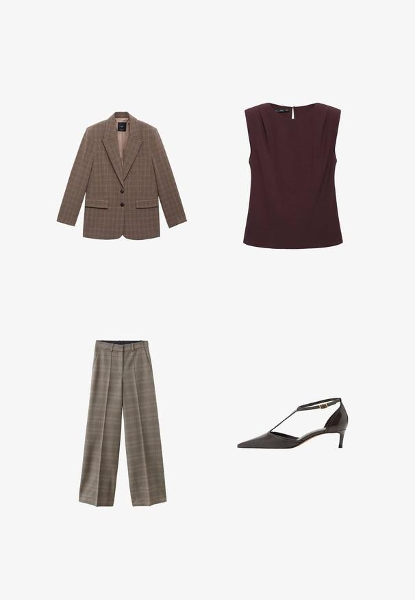 Brunternet blazer lavet af struktureret stof, med kalkunlapel, to frontlommer og to sorte knapper som lukning.; Ærmeløs mørk burgunder bluse med polstrede skuldre, rund halsudskæring og en lille knaplukning bagpå.; Beige bukser med vide ben, et diskret ternet mønster, plisseringer, bæltestropper og sidelommer.; Sorte læder damesko med spids tå, lav hæl, T-strop og guld spænde lukning på hvid baggrund.