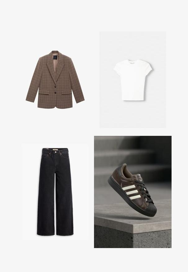 Bruine geruite blazer van gestructureerde stof, met een notch-lapel, twee voorzakken en twee zwarte knopen als sluiting.; Witte t-shirt met korte mouwen van zachte katoen, met een ronde halslijn en een getailleerde vorm. Geen zichtbare patronen of versieringen.; Zwarte brede jeans gemaakt van denim, met vijf zakken, koperen klinknagels en een klassieke knoopsluiting. Glad van textuur met een strakke uitstraling.; Bruine leren sneaker met zwarte rubberen zool, wit ontwerp met drie strepen, gestructureerde neuskap en zwarte veters, tegen een grijze achtergrond.
