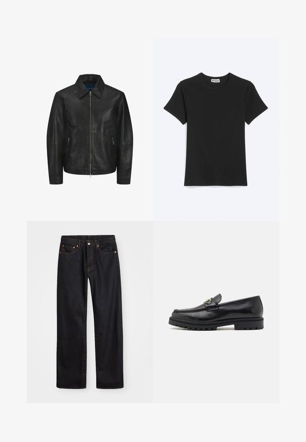 Veste en cuir noir au texture lisse, avec un col, fermeture éclair à l'avant et deux poches zippées sur les côtés. Design simple et structuré.; T-shirt noir uni à manches courtes et col rond avec une étiquette de la marque Weekday à l’intérieur du col, présenté sur fond blanc.; Jean en denim noir pour hommes, coupe droite, avec cinq poches et surpiqûres orange, fermeture par bouton et zip à la taille avant.; Mocassins en cuir noir avec une finition lisse, bout rond, une sangle décorative avec des accessoires en or, et une semelle noire robuste.